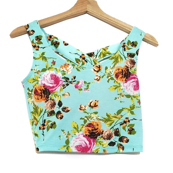 Floral Criss-Cross Open Back Crop Top Sleeveless - Picture 1 of 7